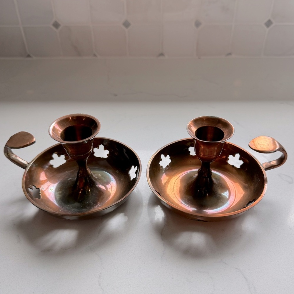 2 Vintage Brass Chamberstick Candleholders Patina Maple Leaf